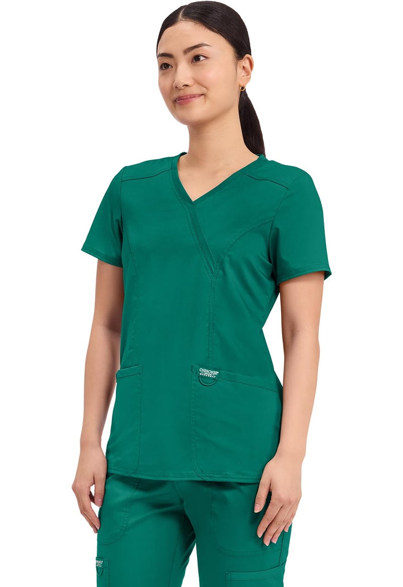 Cherokee Scrubs Top for Women Mock Wrap with 3 Pockets, Soft, 2-Way Stretch & Durable Fabric - WW610, XL, Hunter Green - Image 2